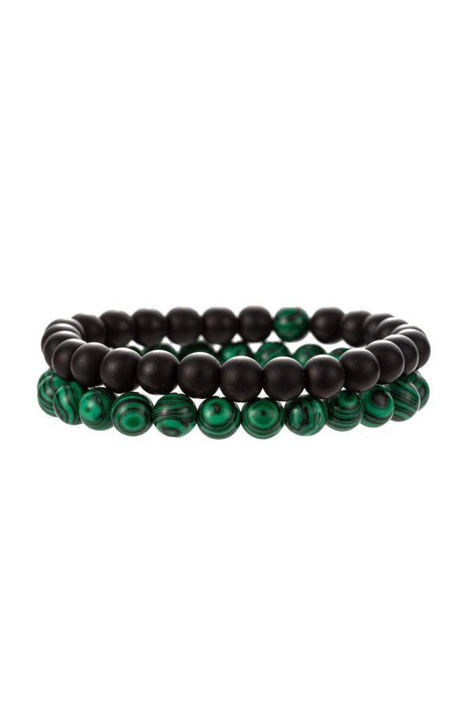 Malachite and black agate stretch beaded bracelet set.