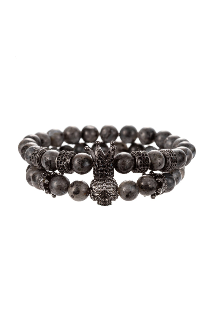 Agate beaded stretch bracelet set with brass CZ charms. 