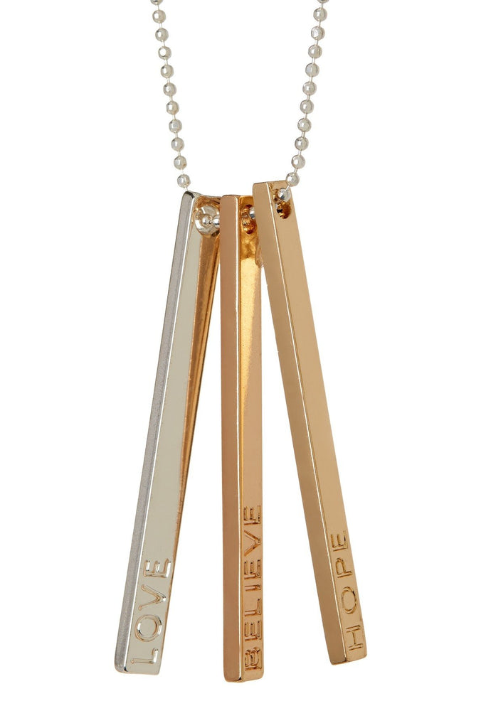Love, believe, hope triple bar brass necklace.